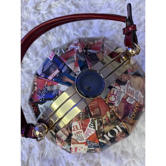 Michelle Obama Collage Round Handbag With Red Handle & Gold Accents - Statement - Picture 12 of 16